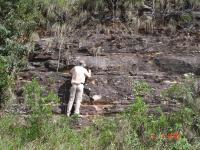 No topo do perfil ocorre arenito de granulação grossa, com estratificações cruzadas acanaladas, em sentidos opostos, sugerindo inicio da transgressão do "mar Caboclo". Fonte: Antônio J. Dourado Rocha, 1996.