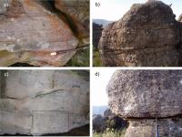 Figura 3 – a) Aspecto macroscópico dos quartzitos com estratificação cruzada; b) metaconglomerado que ocorre intercalado com quartzito grosso, apresentando gradação normal e estratificação cruzada; c) quartzitos da litofácies mAca e mApp com estratificação cruzada acanalada e no retângulo em destaque encontram-se as estratificações plano-paralelas.; d) afloramento típico da litofácies mCpc que apresenta granodecrescência ascendente em pelo menos três ciclos. Fotos cedidas por Tiago Duque.