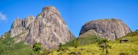 Maciço dos Três Picos e pico do Capacete. Observar as faixas cinzas claras cortando o Pico Maior. Autor: Marcelo Ambrosio