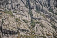 Sopé da encosta oeste do Pico das Agulhas Negras. Notar um grupo passando pela rota normal, e as infinitas canaletas que dissecam o maciço em sua integridade.