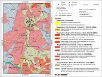 Figura 2 – Mapa geológico do campo pegmatítico Galileia – Mendes Pimentel, com a localização do (1) Pegmatito Sapucaí e (2) Pegmatito Córrego Frio (compilado de Netto et al. 2000, Pedrosa-Soares et al. 2011, Feboli 2014, Feboli & Paes 2014, Oliveira 2014, Vieira 2014).