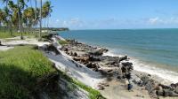 Terraço marinho pleistocênico erodido formando pequena falésia, com plataforma de abrasão na base em arenitos de praia. Foto: Rogério Valença Ferreira.