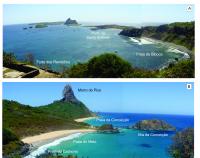 A) Vista do topo do Morro do Forte dos Remédios em direção ao norte (reparar o canto da edificação do forte no limite inferi-or esquerdo da foto), onde observa-se a área do Porto e da Ponta de Santo Antônio, limite norte da ilha de Fernando de Noronha e ao fundo o principal conjunto das Ilhas de Fora que compõem o arquipélago; B) Vista do topo do Morro do Forte em direção ao sul, de onde se observa o limite da Praia do Cachorro, junto ao sopé do morro, que se estende em direção a Praia do Meio até a Ilha da Conceição, tendo o Morro do Pico ao fundo. Fotos: Rogério Valença Ferreira.