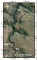 Fig. 1 - Imagem de satélite com a localização do geossítio   Cachoeira da Fumaça (G-08); Cascata e Corredeira do Rio claro (G-09),Cachoeira dos Cristais (G-31).
