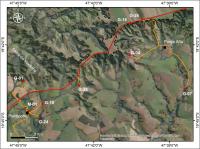 Fig. 1 - Imagem de satélite com a localização dos geossítios da região. M-01 (Museus de Peirópolis);  G-01 (Caieira, antiga lavra de calcário); G-04 (Pedreira Ponte Alta); G-07 (Cachoeira Ponte Alta); G-10 (Cachoeira do Pontilhão); G-18 (Mirante da Bela Vista); G-24 (Cachoeira do Marzola); G-26 (Nascente do Rio Uberaba); G-28 (Caieira do Meio).