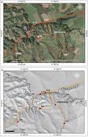 Fig. 1 - a) Imagem de satélite com a localização dos geossítios da região e o limite da chapada Uberaba-Uberlândia. G-04 (Pedreira Ponte Alta); G-07 (Cachoeira Ponte Alta); G-18 (Mirante da Bela vista); G-26 (Nascente do rio Uberaba);  G-28 (Caieira do Meio); b) modelo digital de terreno (Alos Palsar).