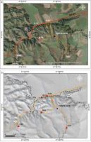Fig. 1 - a) Imagem de satélite com a localização dos geossítios da região e o limite da chapada Uberaba-Uberlândia. G-04 (Pedreira Ponte Alta); G-07 (Cachoeira Ponte Alta); G-18 (Mirante da Bela vista); G-26 (Nascente do rio Uberaba);  G-28 (Caieira do Meio); b) modelo digital de terreno (Alos Palsar).