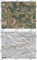 Fig. 1 - a) Imagem de satélite com a localização dos geossítios nas proximidades do Mirante da Fazenda Agronelli; b) modelo digital de terreno com  o divisor de águas regional (BHP - Bacia Hidrográfica do Paranaíba, BHG - Bacia Hidrográfica do Rio Grande. G-02 (Serra da Galga); G-06 (Mangabeiras); G-19 (Mirante da serra da Galga); G-20 (Mirante da Fazenda Agronelli).