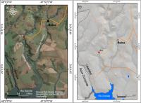 Fig. 1 - a) Imagem de satélite com a localização da Cachoeira dos Quarteis (G-22); b) modelo digital de terreno da área de localização da cachoeira.