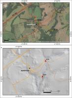 Fig. 1 - a) Imagem de satélite com a localização do geossítio; b) modelo digital de terreno da área onde se insere o geossítio.