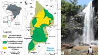 Figura 1 – (A) Mapa geológico simplificado da Bacia do Paraná, englobando as rochas vulcânicas básicas e ácidas da Formação Serra Geral, e a localização da Cachoeira Salto do Pântano (modificado de Kloss, 2012); (B) Vista geral da Cachoeira Salto do Pântano, em Descalvado – SP.