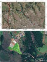Fig. 1 - a) Imagem de satélite com a localização do geossítio e de outros na região. G-14 (Univerdecidade); G-13 (Seções-tipo da Formação Uberaba); G-04 (Santa Rita); G-30 (São Domingos); b) detalhe mostrando a área do parque onde se encontra o geossítio Univerdecidade (imagem extraída do Google Earth em 12/08/2022).