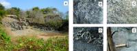 A) Vista da Pedreira do Boldró, onde afloram rochas basaníticas; B- E) Detalhes da pedreira mostrando autobrecha com textura jig-saw-fit em rocha fonolítica. Foto A: Rogério Valença Ferreira. Fotos B-E: Wilson Wildner.