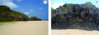 A) Falésia formada por rochas ankaratríticas em contato com a extensa faixa de areia bioclástica da Praia da Cacinba do Padre; B) Detalhe do derrame de ankaratrito.