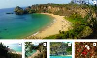 A) Vista para nordeste da Praia do, a partir do mirante posicionado no topo da falésia que está estruturada sobre uma sequência de derrames de lavas e níveis piroclásticos da Formação Quixaba; B) Vista para a face sudoeste da praia; C) Detalhe da falésia na vista para nordeste;  D) Detalhe da estrutura da falésia onde se vê a superposição de dois derrames de lavas; E) Fotomicrografia das lavas de olivina melanefelinitos constituídas por pórfiros de olivinas manteadas por anfibólio do tipo kaersutita e cristais de nefelina, imersos em matriz microcristalina. A amostra foi coletada na base da falésia da Praia do Sancho.Fotos: A) Rogério Valença Ferreira; B) a E) Wilson Wildner.