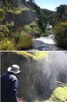 Fig. 3 - a) Canyon da Fumaça visto a partir do topo da cachoeira; b) paredão com disjunção colunar com cerca de 30m de altura. 