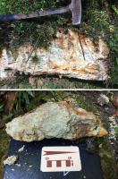 Fig. 3 - a) Afloramento do argilito arenoso da Formação Serra da Galga; b) detalhe na amostra de mão retirada do mesmo afloramento.