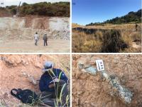 Fig. 3 - a) Foto da lavra de calcário em 2003 (foto compilada de Batizelli, 2003); b) frente de lavra abandonada, em 2022; c) fóssil encontrado no nível do paleossolo; d) detalhe do fóssil.