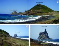 A) Vista sudoeste do Mirante da Atalaia, de onde se observa a enseada, a ponta e o morro da Atalaia, além da Ponta do Espi-nhaço na extremidade esquerda da foto; B) Visada nordeste do mirante, onde se vê a Ilha do Frade, constituída por fonolitos (detalhe em C). Fotos: Rogério Valença Ferreira.