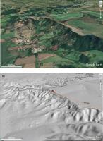 Fig. 4 - a) Imagem de satélite com o limite da Chapada Uberaba-Uberlândia, com a localização do Mirante da Bela Vista (Imagem obtida do Google Earth); b) imagem do relevo na região (Imagem Alos Palsar).