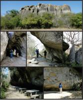 A) Visão panorâmica do inselbergue da Gruta do Magé; B e C) Gruta com várias cavidades, que pode ser visitada com relativa facilidade; D) Por entre os enormes blocos colapsados encontra-se uma Barriguda de grande porte, árvore típica do semiárido nordesti