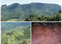 c) Facetas triangulares ao longo do Vale do Ribeirão do Baú. d) Depósitos de tálus no sopéda Pedra do Baú. e) Latossolos vermelhos retrabalhados (campos do Serrano) (Fonte: Hiruma et al., 2011).