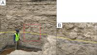 A: Seção geológica com exposição do limite entre as Formações Gramame e Maria Farinha (Limite K-Pg). B: Detalhe do limite entre as unidades. A linha em amarelo marca o início da deposição Paleógena, abaixo dela está representado a sequência exata do Limit