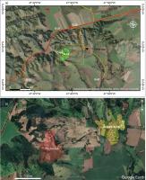 Fig.1 - a) Imagem de satélite da área com os geossítios que ocorrem nas proximidades. Geossítios: G-04 (Pedreira Ponte Alta); G-07 (Cachoeira Ponte Alta); G-14 (Seção-tipo do Membro POnte Alta); G-29 (Nascente do rio Uberaba); G-21 (Mirante da Bela Vista); G-31 (Caieira do Meio); b) imagem de satélite mostrando em detalhe o geossítio e a vila Ponte Alta (Fonte Google Earth).