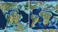 Fig. 5 - Reconstituição paleogeográfica de dois momentos da separação dos continentes (América do Sul e África) com a localização das bacias São Bento e Bauru. a) Aptiano Inferior (121,8 Ma); b) Paleoceno (60,6 Ma). Grupo São Bento (em amarelo) e Grupo Bauru (em vermelho). Reconstituições compiladas de Scotese (2014).