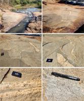 Fotos da Cachoeira do Bileto: a) vista panorâmica do afloramento principal; b) detalhe mostrando as relações entre os diversos litotipos que compõe o afloramento; c) detalhe do contato do xenólito com o gnaisse; d) detalhe do dique sin-plutônico máfico e do veio de granito deformado; e) veio de pegmatito no gnaisse; f) detalhe do gnaisse leucocrático. Fotos dos autores.