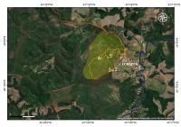 Figura 7 - Mapa imagem de parte da Bacia do Fonseca com o contorno proposto para o geossítio. Pontos: 1 – Casa do Sr. José Alves Patrício; 2 – Afloramento de sedimentos com vestígios de fósseis; 3 – Mirante; 4 – Drenagem com afloramento dos sedimentos da bacia; 5 – Afloramento de xistos negros com fósseis de folhas.