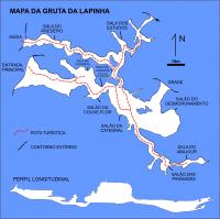 Figura 4 – Mapa espeleológico simplificado da Gruta da Lapinha com a rota turística (baseado em SEE 1980, Berbert-Born et al. 1998).